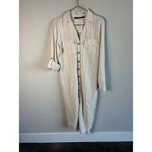 New York & Company Women’s Linen Blend Shirt Dress Beige White Stripe Size S